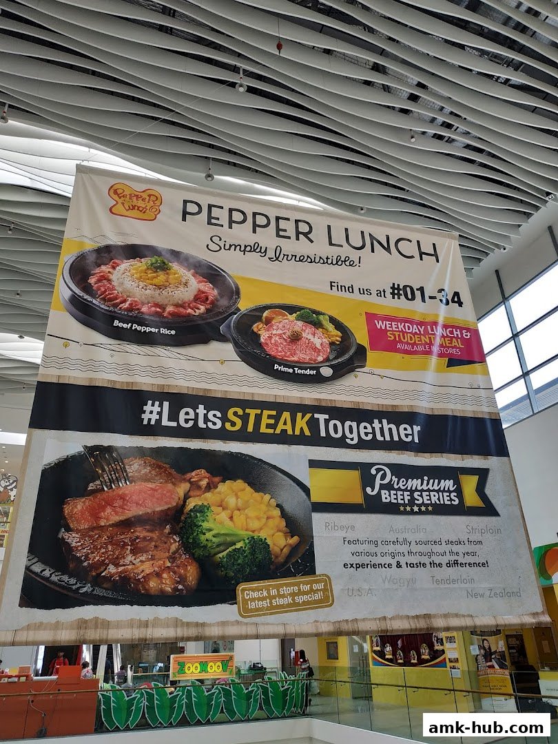 A large banner advertising Pepper Lunch's Beef Series and other dishes.