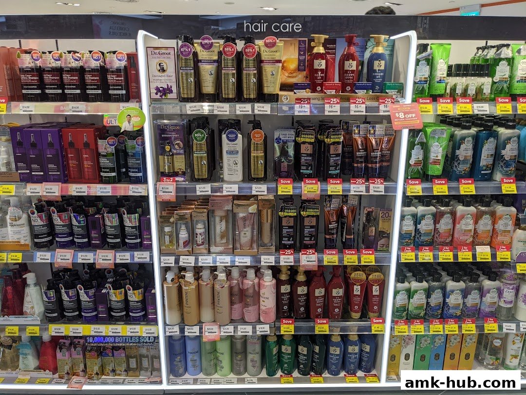 Shelves stocked with various hair care products, including shampoos, conditioners, and treatments.
