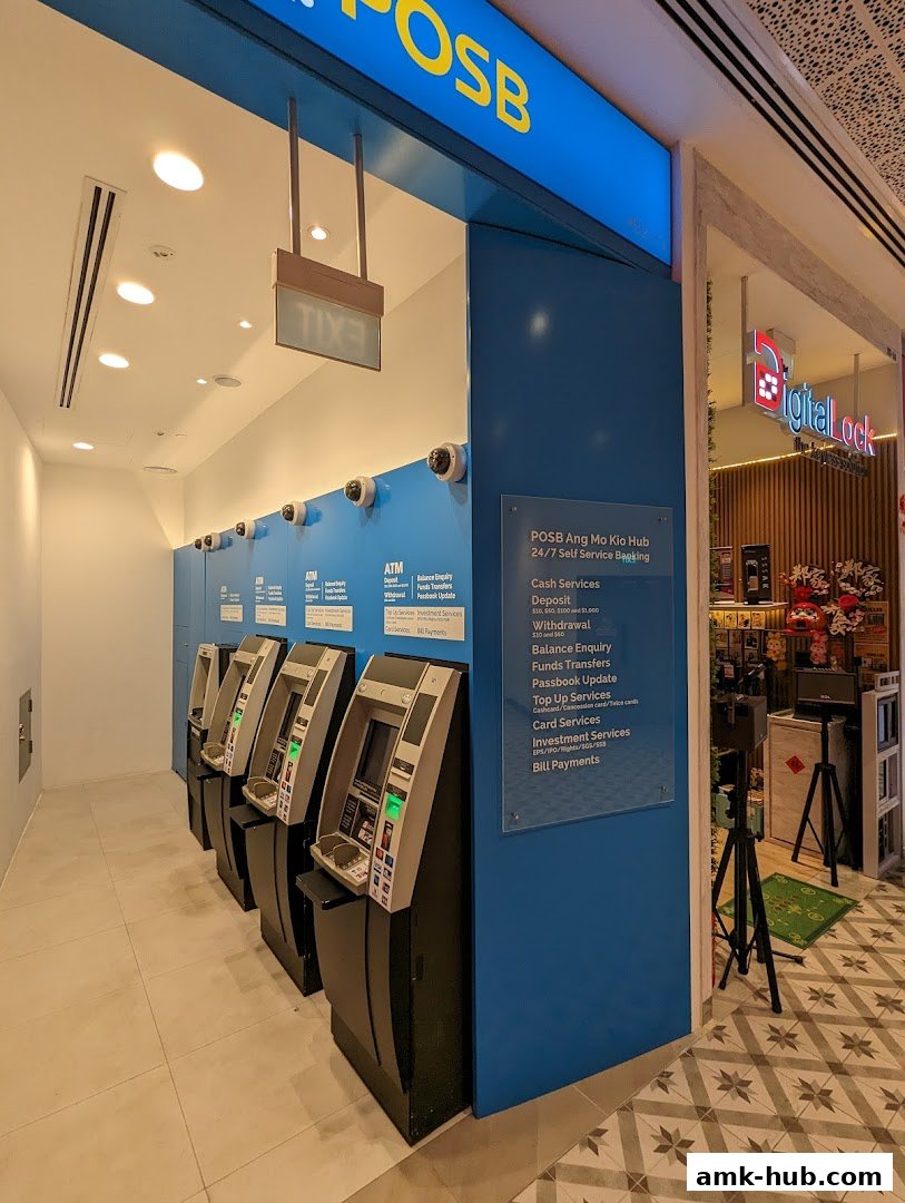 POSB ATM bank with multiple machines and service information displayed.