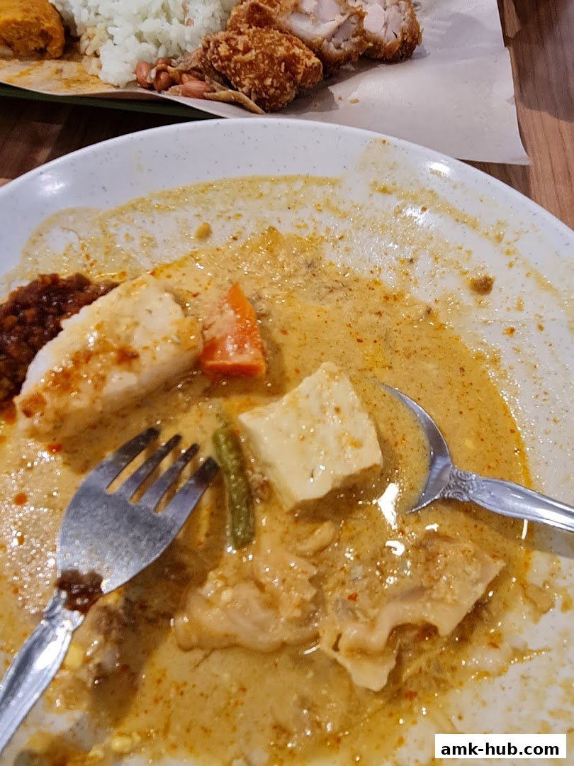 A close-up of a nearly finished plate of curry with chicken, tofu, and vegetables, with fried chicken in the background.