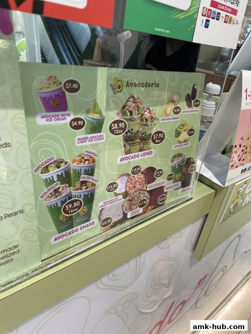 A menu board displaying various avocado-based desserts and drinks from Avocadoria.