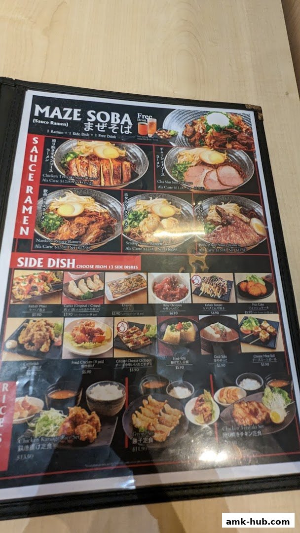 A menu featuring Maze Soba, various ramen dishes, side dishes, and rice sets.