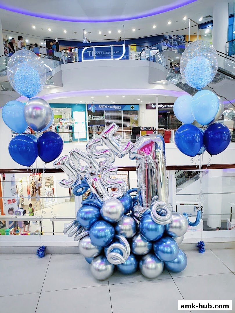 A festive balloon arrangement spelling 'JUST 1' in a shopping mall.