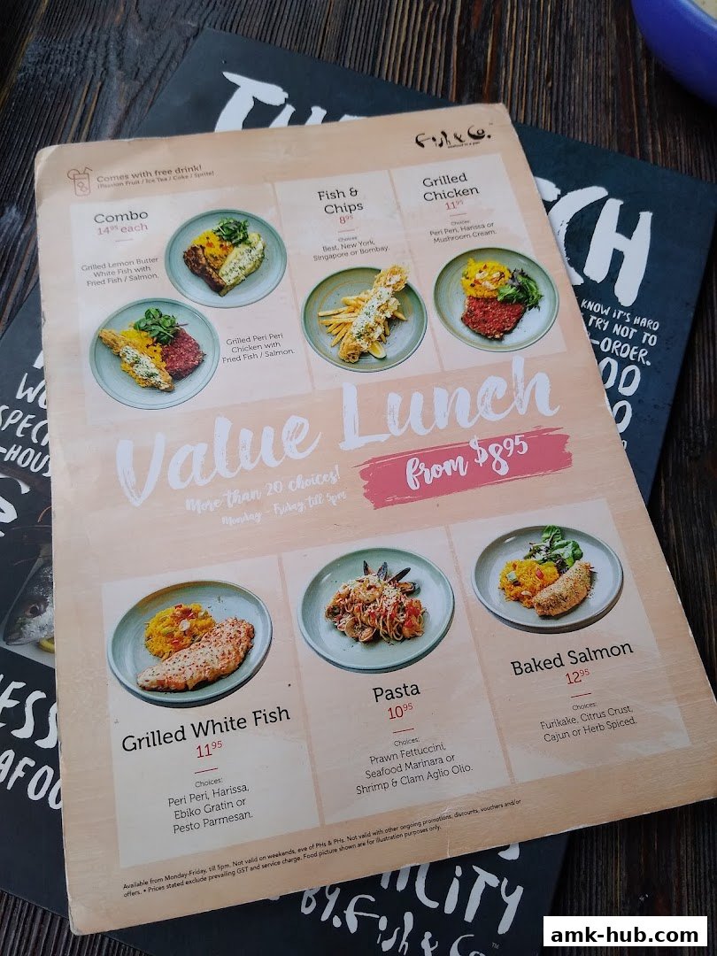 A menu from Fish & Co. featuring value lunch options like grilled fish, pasta, and salmon.