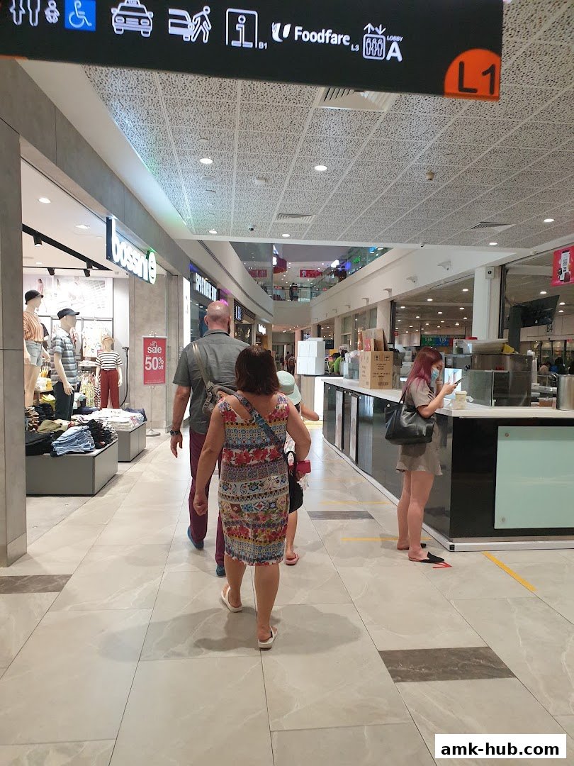 People walking in a mall hallway with shops on either side, including a Bossini store.