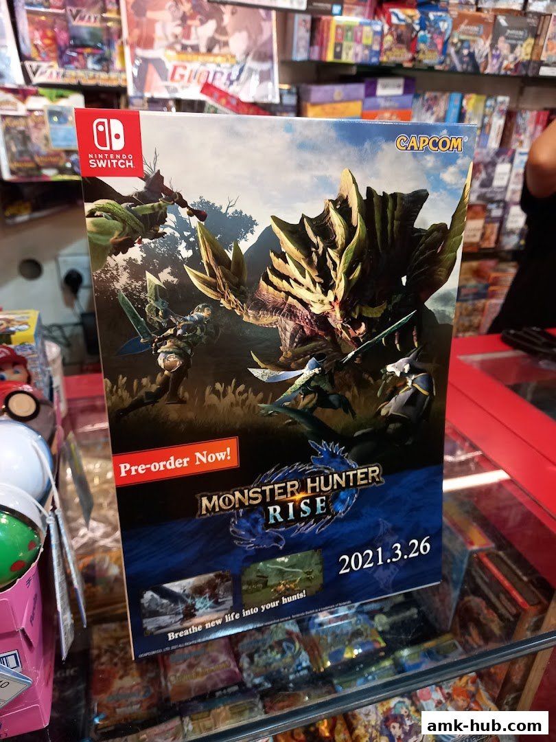A poster for the game Monster Hunter Rise on Nintendo Switch is displayed.