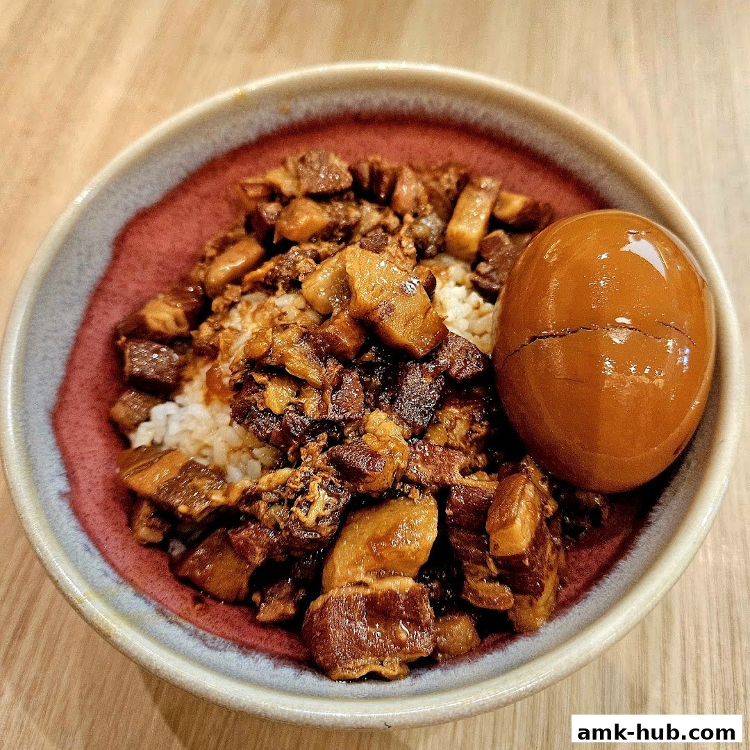 A close-up shot of a bowl of braised pork rice with a braised egg.