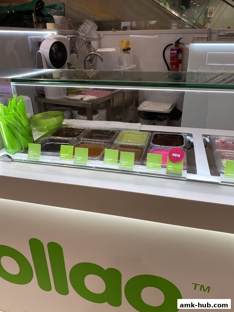 A display of frozen yogurt flavors and sauces at a llaollao shop.