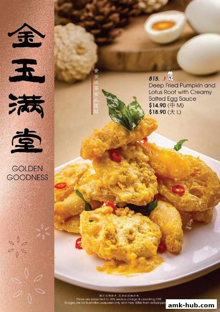 A close-up of a delicious dish featuring deep-fried pumpkin and lotus root with salted egg sauce.