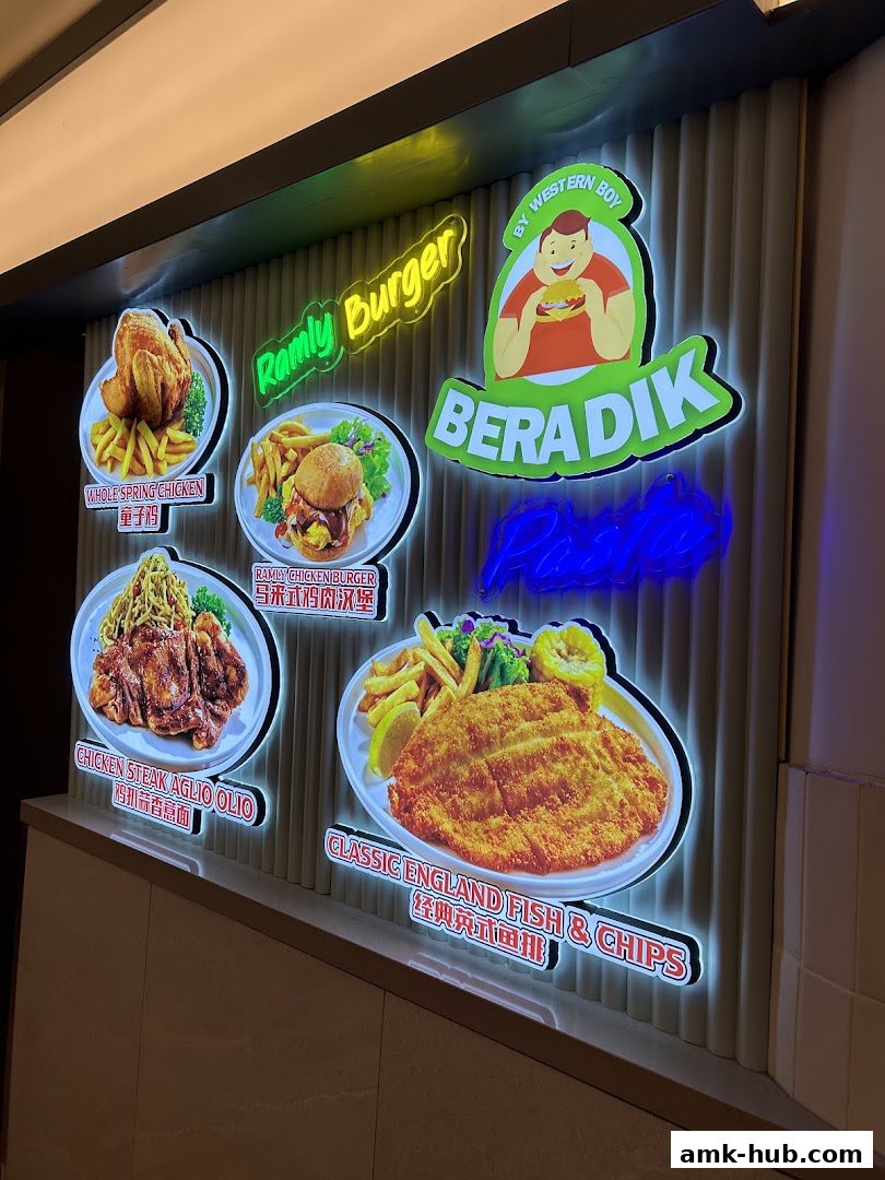 A brightly lit menu board showcasing various Western and Asian-inspired dishes.
