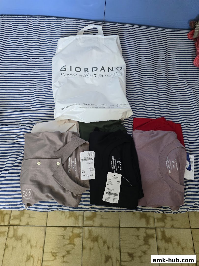 A Giordano shopping bag and several folded t-shirts in various colors.