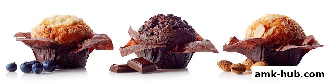 Three delicious muffins: blueberry, chocolate chip, and almond, with accompanying ingredients.