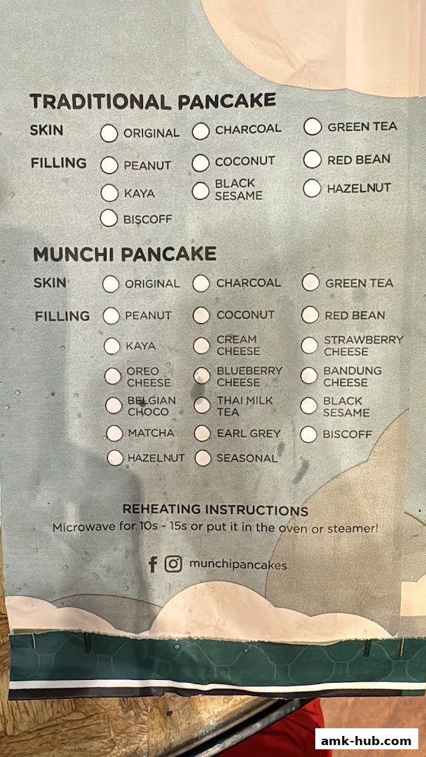 A menu for Munchi Pancakes, detailing traditional and Munchi pancake options with various skin and filling choices.