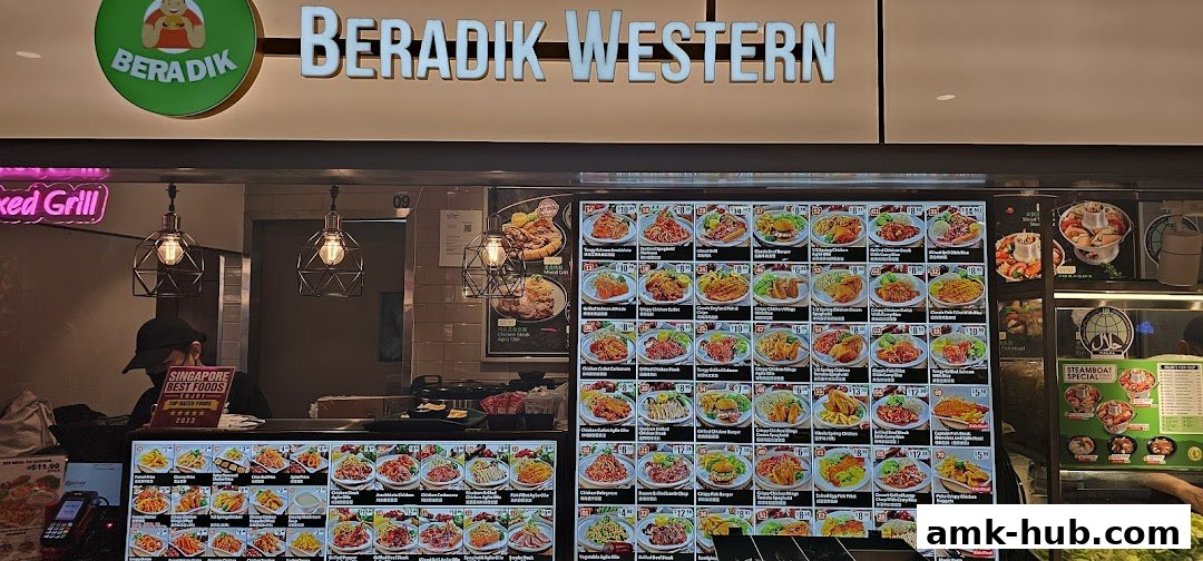 A food stall with a large digital menu displaying various Western dishes and a steamboat special.