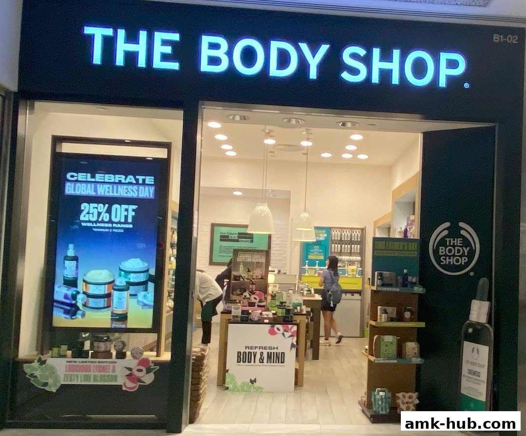 The Body Shop storefront with a promotional display for Global Wellness Day.