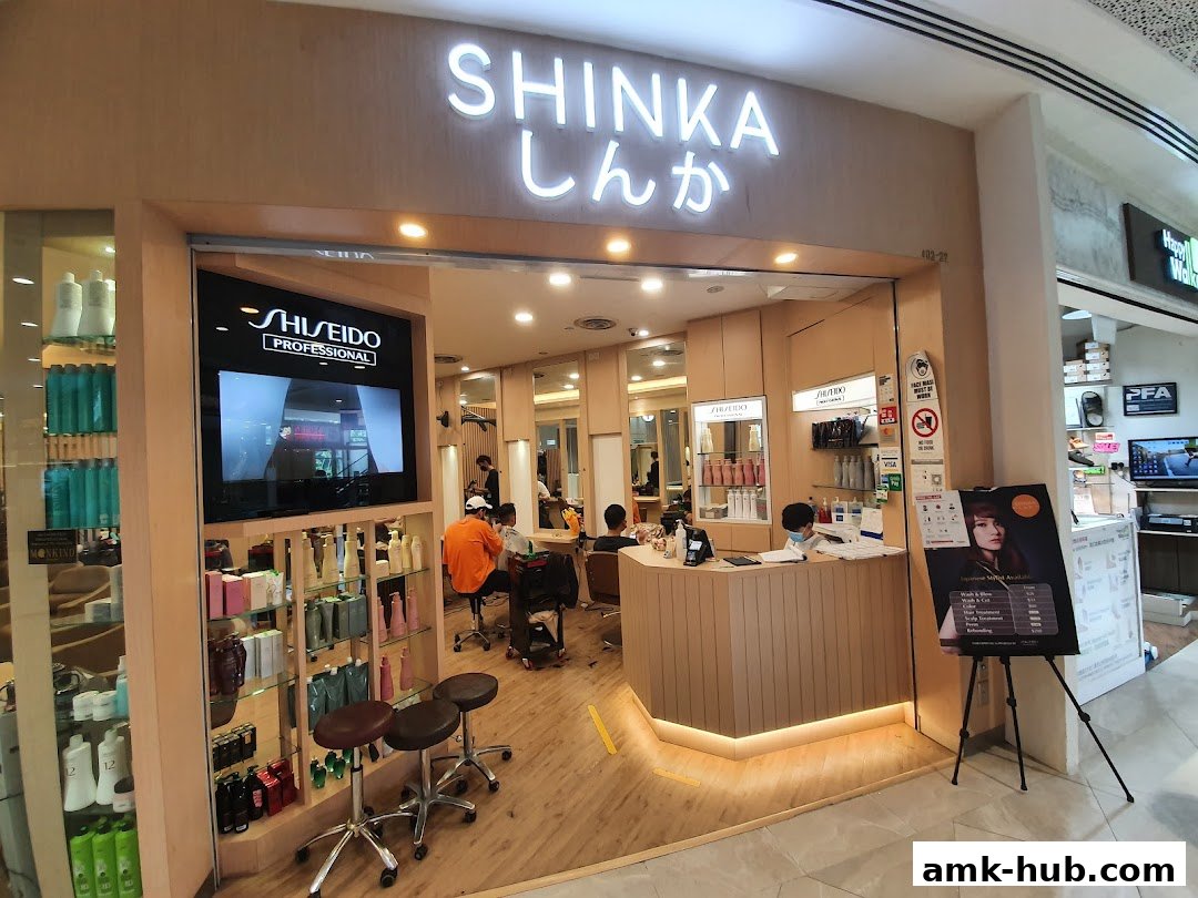 The Shinka hair salon features a modern interior with a reception desk, styling stations, and retail shelves.