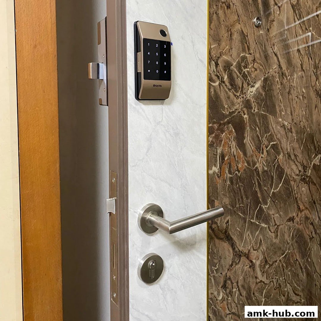 A close-up of a modern digital door lock with a keypad and fingerprint scanner.
