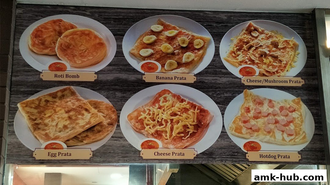 A display of various prata dishes offered at Prata Raya, including sweet and savory options.