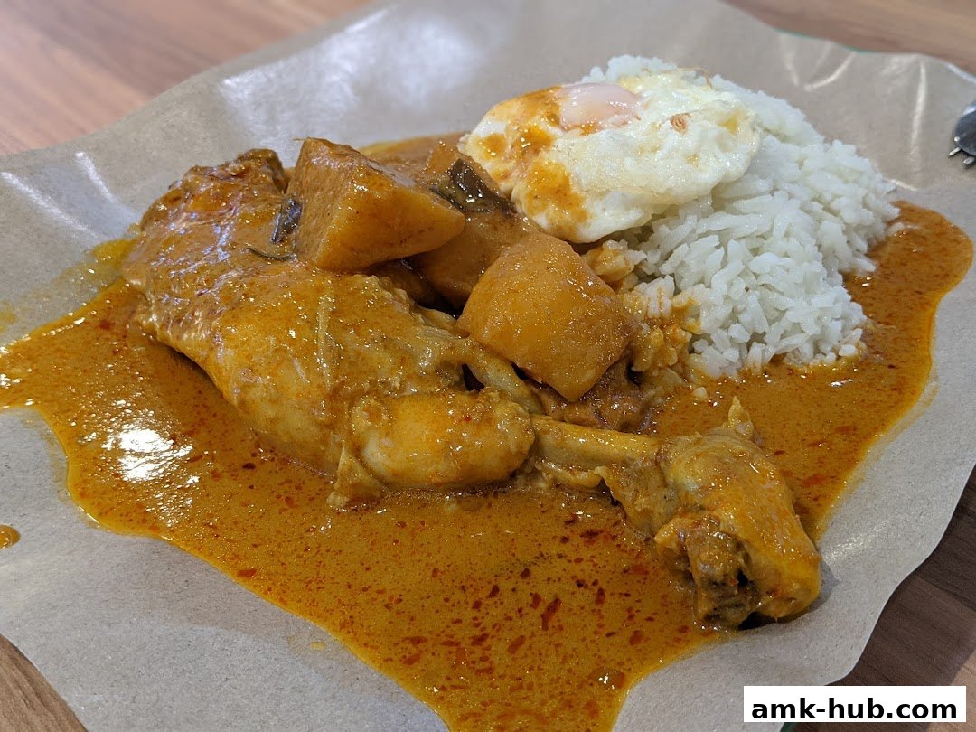 A close-up shot of a delicious chicken curry with rice and a fried egg.