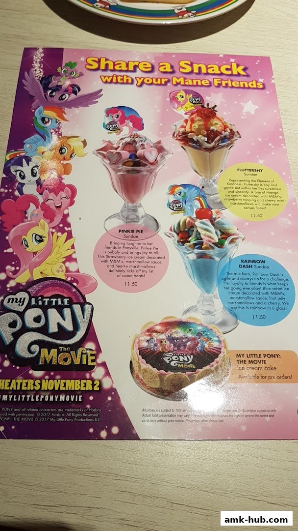 A menu featuring My Little Pony themed sundaes and an ice cream cake.