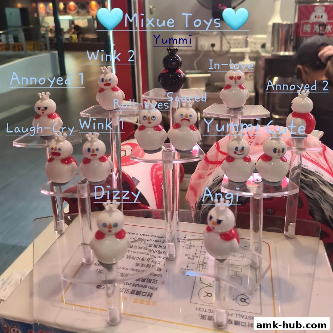 A display of cute, expressive snowman-like toys from Mixue Toys.
