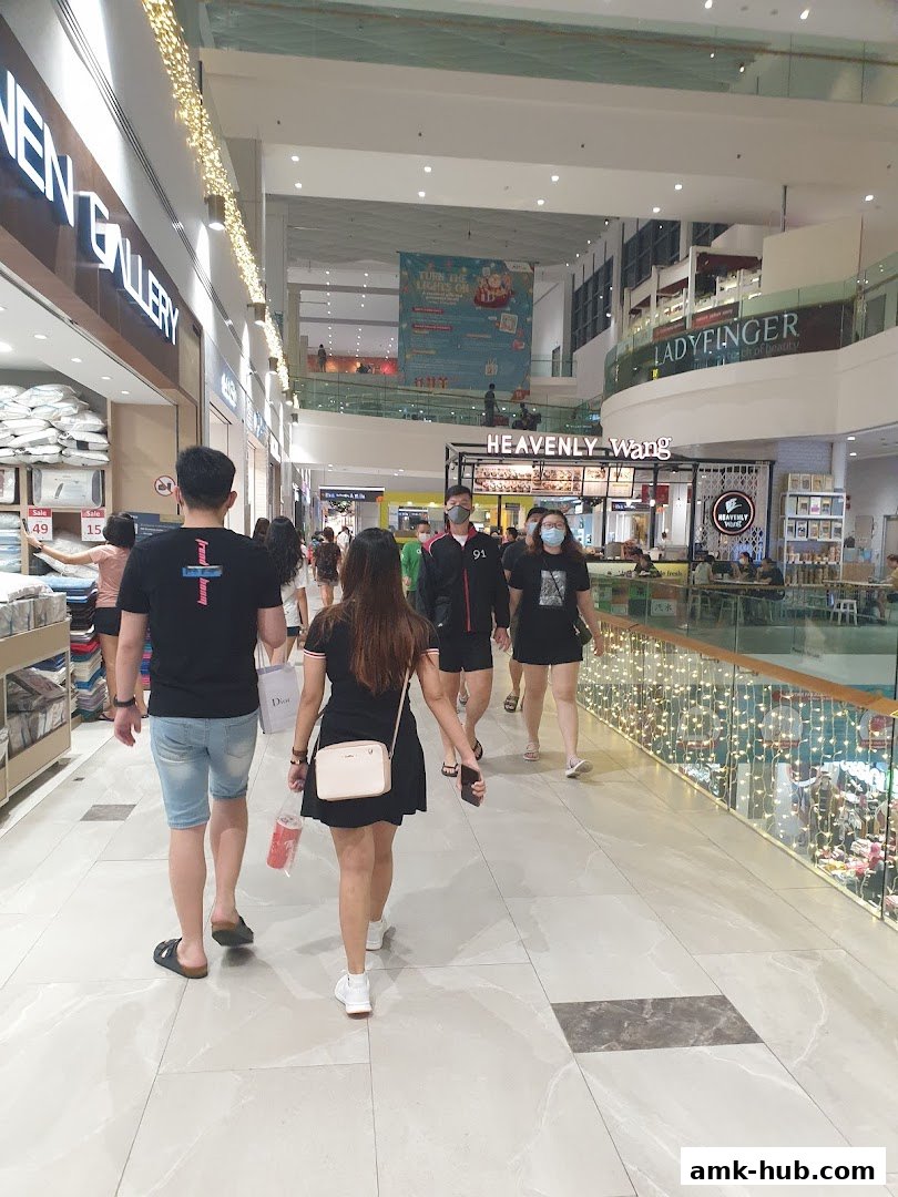 People walking in a mall corridor with shops on either side and festive lights.