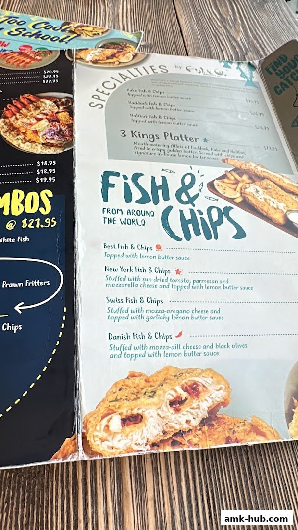 A menu from Fish Co. featuring various fish and chips dishes and platters.