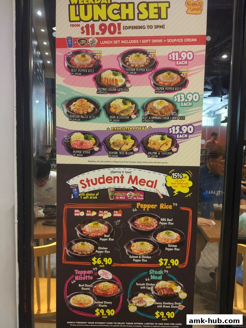 A menu board for Pepper Lunch featuring lunch sets, student meals, and pepper rice dishes.