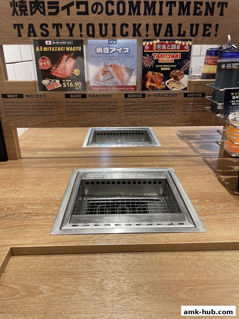A display showcasing A5 Miyazaki Wagyu, Sea Salt Monaka Ice Cream, and Takoyaki at Yakiniku Like.