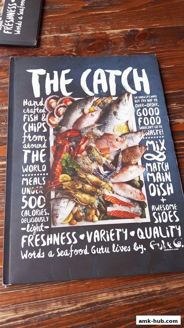 A menu titled 'The Catch' showcasing a variety of fresh seafood dishes.