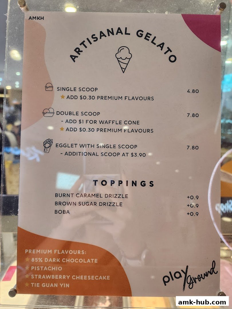 A menu for artisanal gelato with scoop options, toppings, and premium flavors.