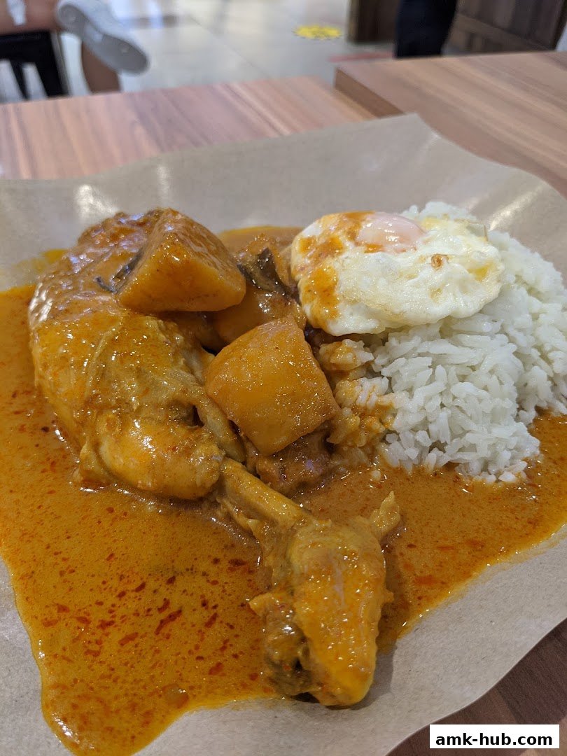 A close-up of a delicious curry chicken dish with rice and a fried egg.