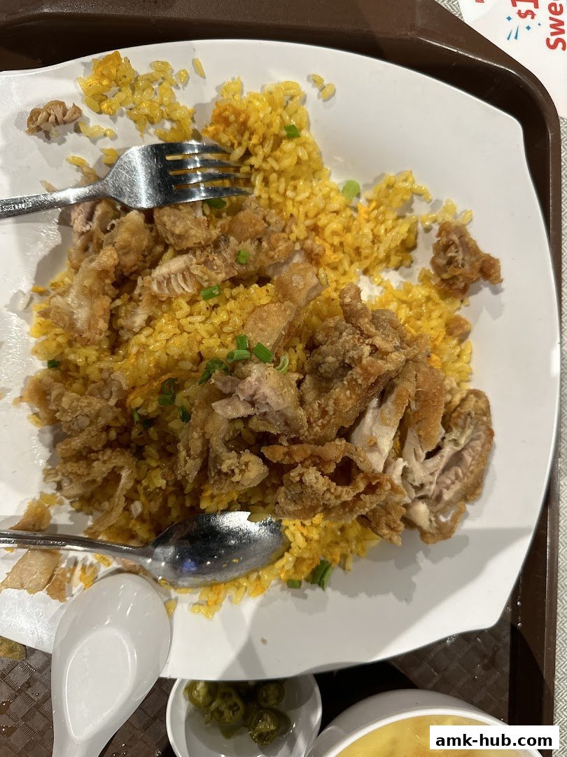 A plate of fried rice topped with crispy fried chicken pieces and garnished with green onions.