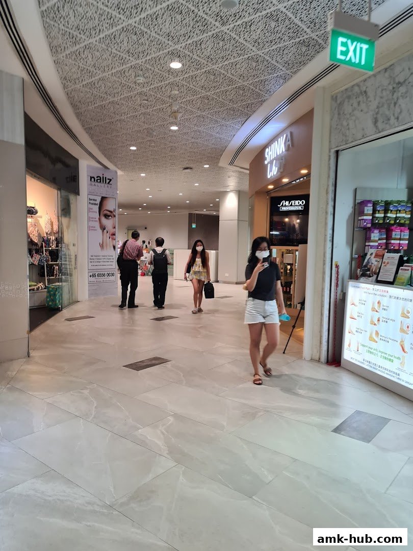 A shopping mall corridor with several shops, including Shinka, and people walking.