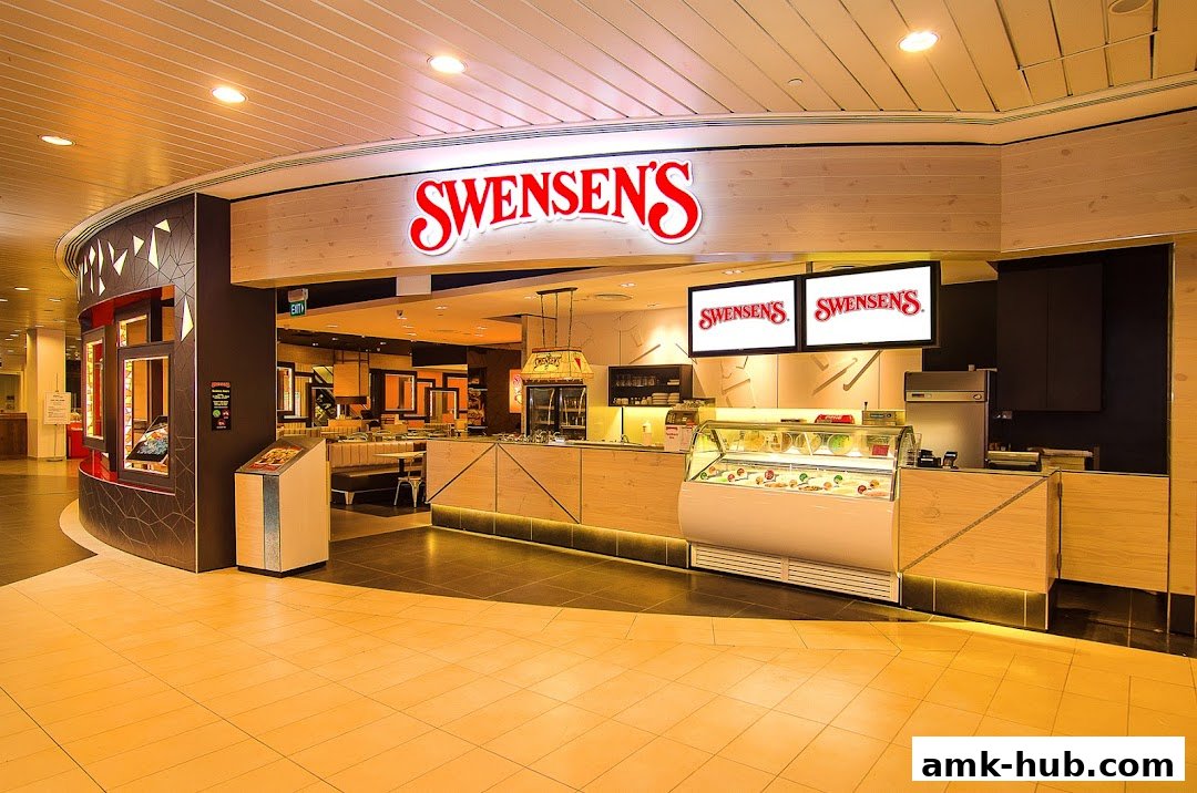 The exterior of a Swensen's ice cream parlor with a display case of ice cream.