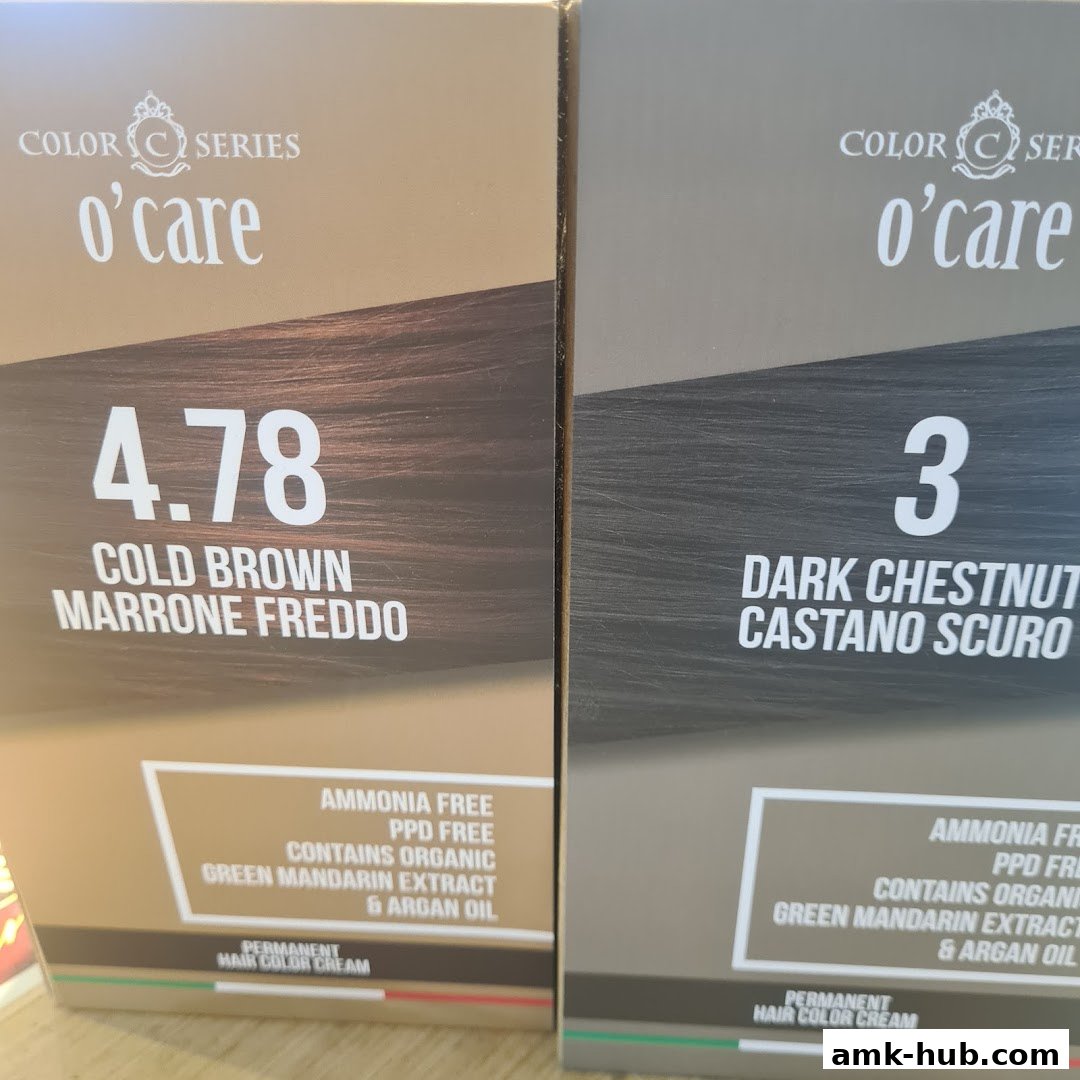 Two boxes of O'care hair color cream, one in Cold Brown and one in Dark Chestnut.