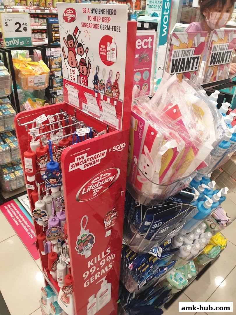 A display of Lifebuoy hand sanitizers and other hygiene products at Watsons.