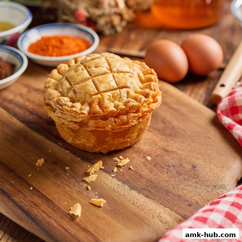 A golden-brown chicken pie sits on a wooden board with ingredients like eggs and spices.