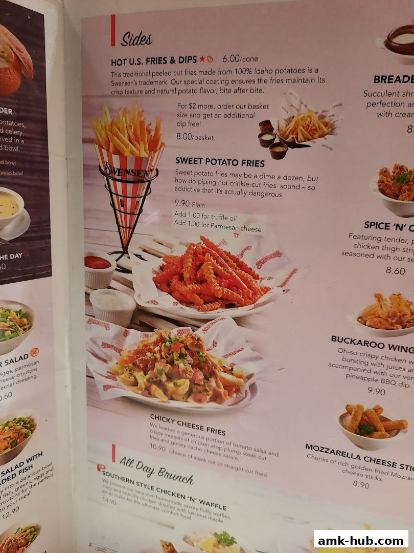 A menu page from Swensen's featuring various fries and chicken dishes.