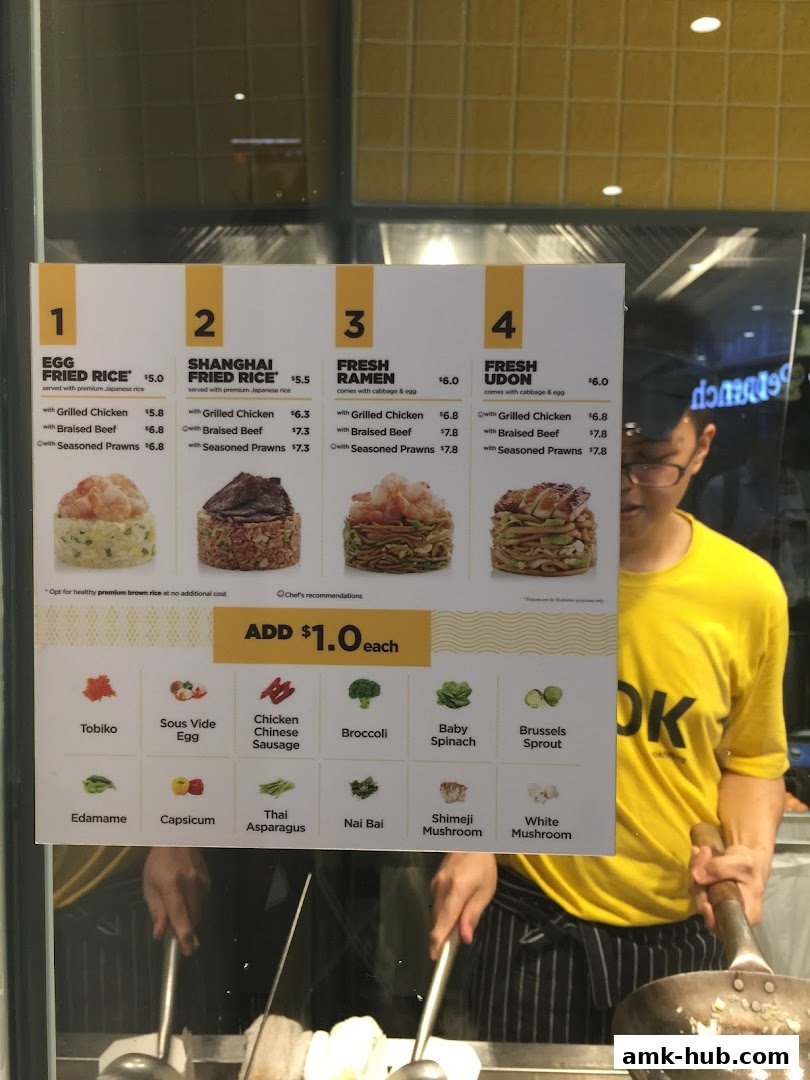 A menu board for Wok Hey showing various rice, ramen, and udon dishes with customization options.