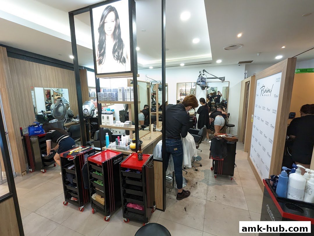 Interior of a busy hair salon with stylists attending to clients and hair products on display.