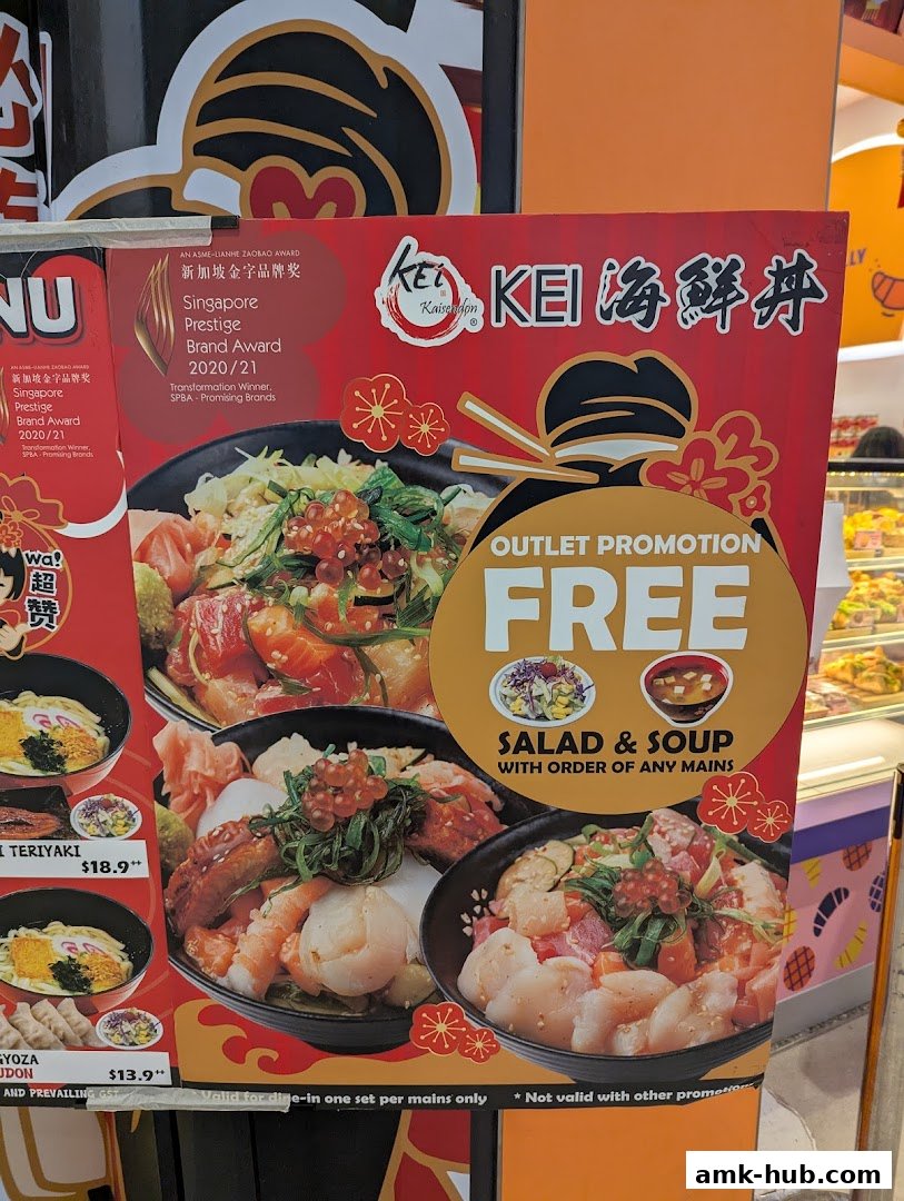 A promotional poster for Kei Kaisendon featuring delicious seafood bowls and an outlet promotion.