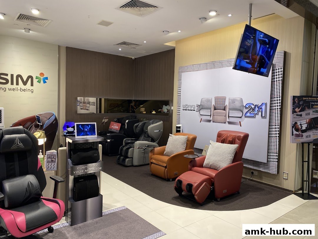 Interior of an OSIM shop showcasing various massage chairs and promotional displays.