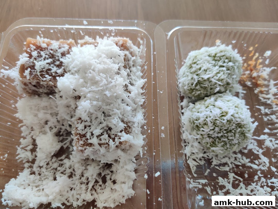 Two containers of traditional Indonesian desserts covered in shredded coconut.