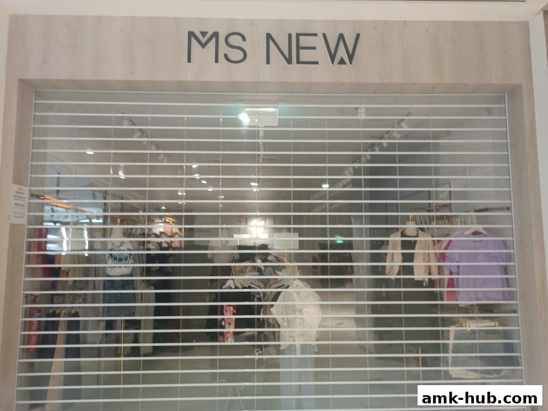 The closed storefront of a clothing boutique named Ms New, with merchandise visible inside.