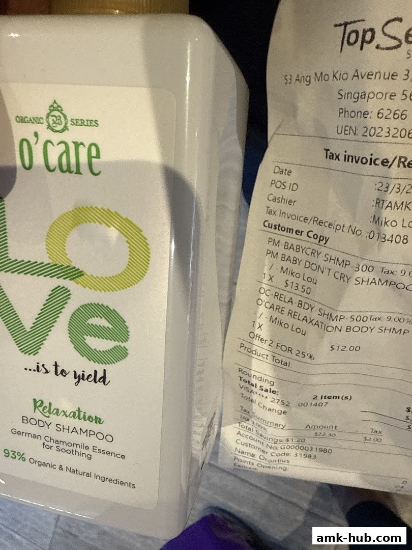 A bottle of O'care Relaxation Body Shampoo next to a receipt from Top Secret Studio.