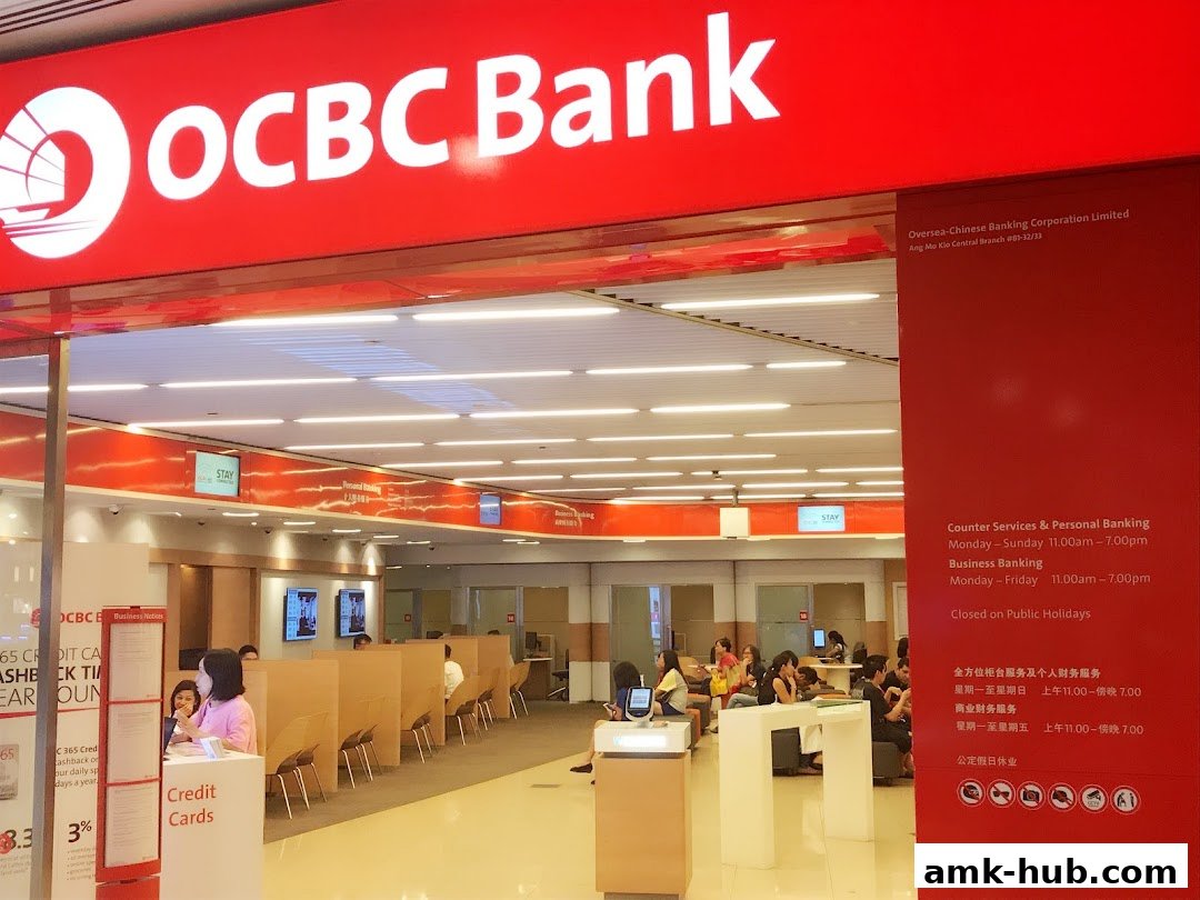 The exterior of an OCBC Bank branch with its prominent red signage and interior view.