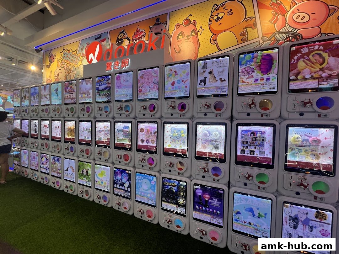 A wall of colorful claw machines filled with plush toys and prizes.