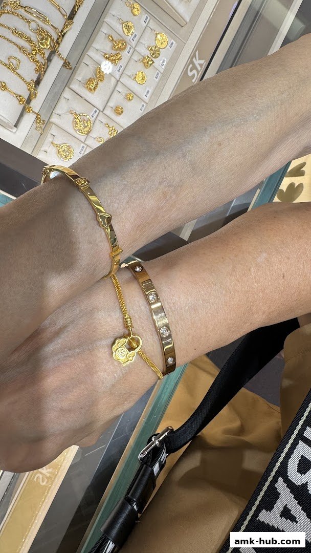 Two arms adorned with elegant gold bracelets, showcasing intricate designs and sparkling gemstones.