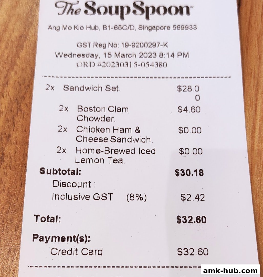 A receipt from The Soup Spoon showing purchased items and their prices.